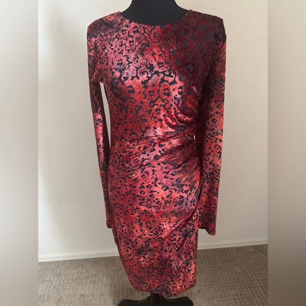 Fuzzi Italy Red Leopard Burnout Velvet Bodycon Dress XL Ruched Midi NWT - Picture 2 of 12